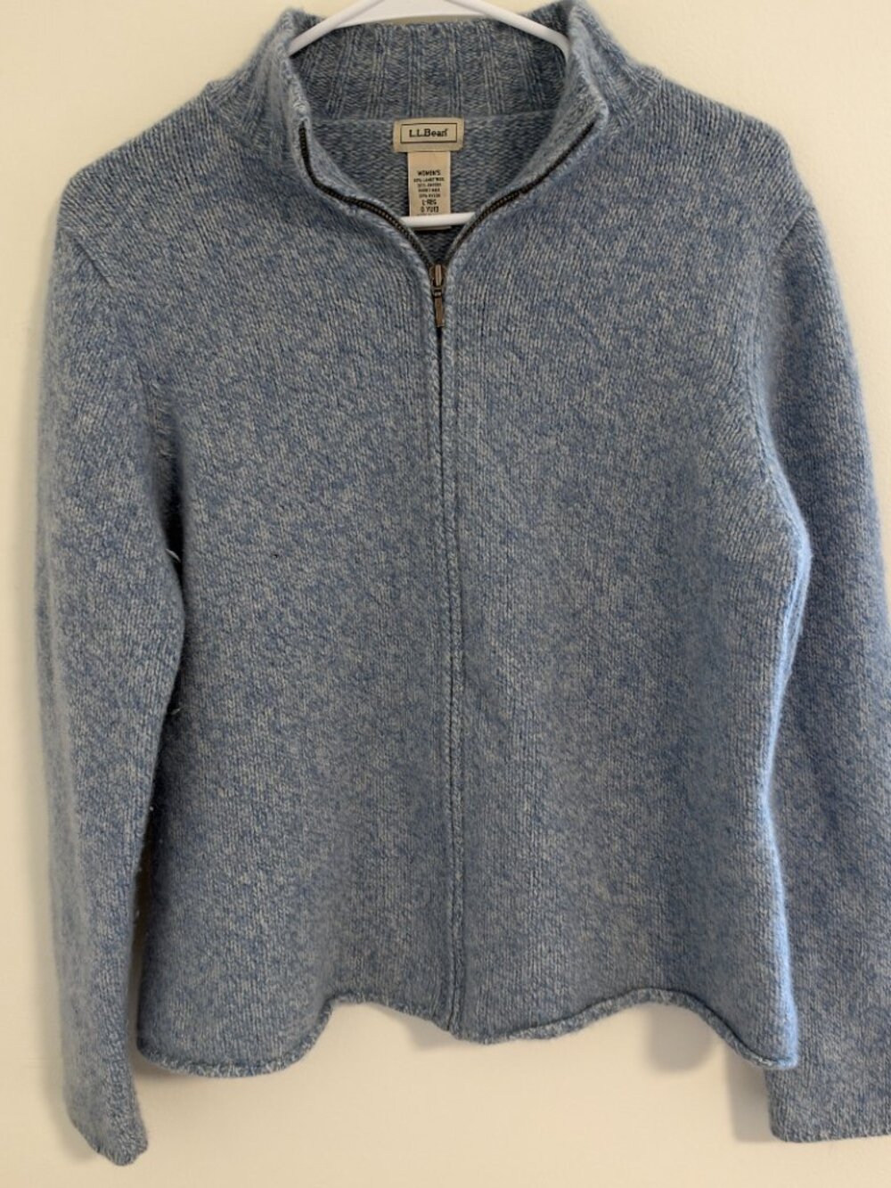 Vintage LL Bean Lambs Wool Angora Blend Zip Up Light Baby Blue Sweater
